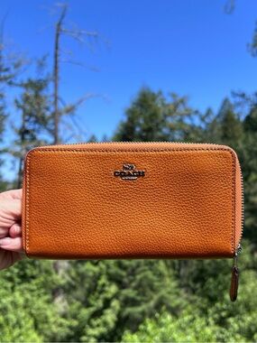 COACH Long Zip-Around Orange Papaya Pebble Leather Wallet with Silver Hardware